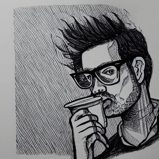 Prompt: micron pen drawing of a hipster barista