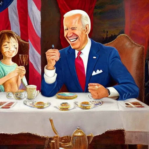 Image similar to a painting of joe biden laugh in tea party with osama bin laden, justify content center, hyper realistic content, frontal hyperdetailed realistic content, sharp focus, intricate, baroque, delete duplicate content