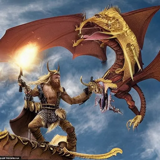 Image similar to a viking flies aboard a dragon over the white house, in his hands he holds the severed head of donald trump