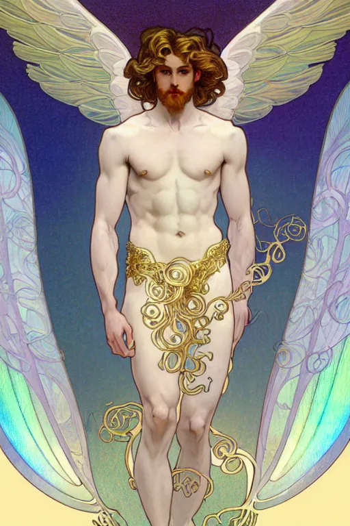 Prompt: full figure art nouveau portrait of a beautiful young fit male angel with curly blond hairs, dressed with fluent clothes, majestic wings, luminous halo, by alfons mucha, d & d character, gradient white to gold, in front of an iridescent background, highly detailed portrait, digital painting, artstation, concept art, smooth, sharp focus illustration, artstation hq