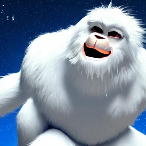 Image similar to concept art for the yeti, a white snow primate, in style of disney animation, expressive face, detailed face, detailed eyes, full body, feminine face, tracer overwatch, disney, pixar