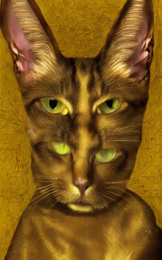 Prompt: Bastet sublime cat goddess Egyptian aesthetic yellow gold eyes blue fur, fine oil portrait digital art, sharp colors