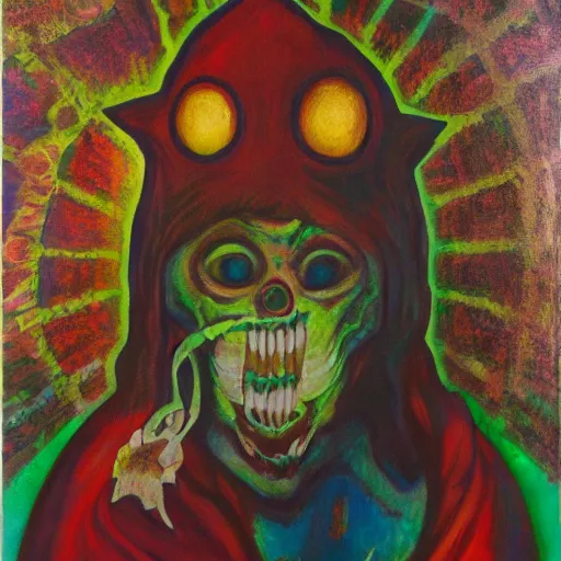 Image similar to portre of an autistic demon on acid, masonic and kabalistic symbols in background, oil painting