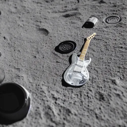 Prompt: photo of a detailed idle electric guitar and an detailed idle beer can next to one another on the moon surface. realistic. detailed