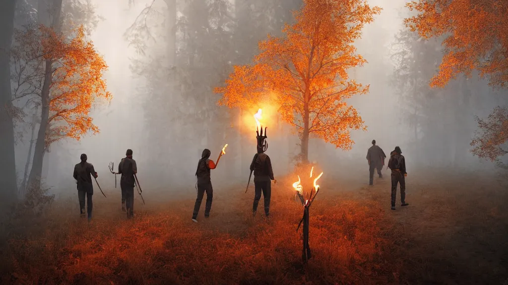 Prompt: beautiful render of several indigenous men walking holding torches, unreal engine, evening, smoke, sparks, torch, soft light, forest, fall, orange leaves, larches, early morning, fog, mist, by greg rutkowski, cgsociety