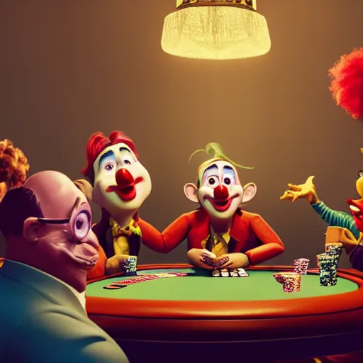 Image similar to pixar clowns playing poker, smiling maniacally | glamorous oily soft polished rich ornate modern | weta disney pixar movie still photo | hi - fructose, sci fi fantasy, smooth, octane render, sharp focus, artstation, concept art | artgerm, mucha, rutkowski, feng zhu, wlop, loish