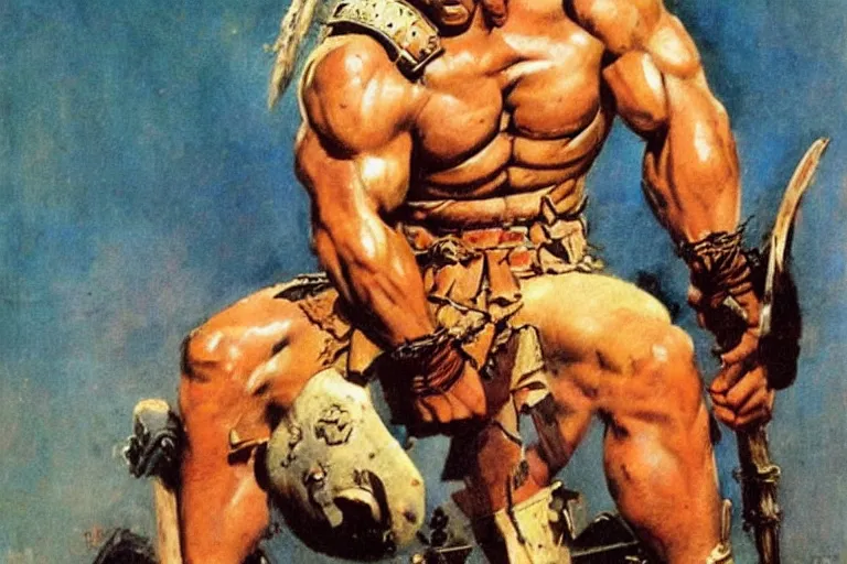 Image similar to sneering roman legioneer, blonde short hair. big muscles. by Frank Frazetta