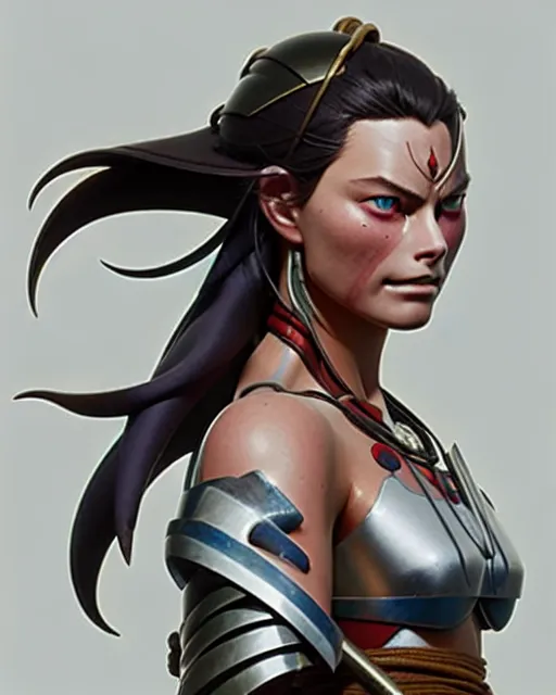 Image similar to azctec warrior, margot robbie, detailed perfect face, exquisite details, fire magic, mid view, design on a white background, by studio muti, greg rutkowski makoto shinkai takashi takeuchi studio ghibli