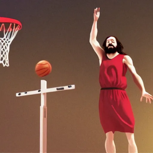 Image similar to Jesus wearing robes dunks a ball in the net while in a basketball court, hd