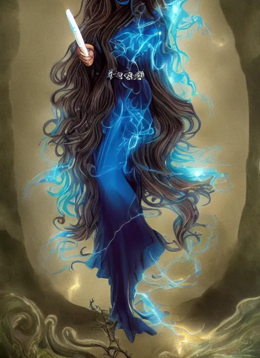 Image similar to a beautiful witch with long curly dark hair, large blue eyes holding a wand with a very large magical gemstone at the top radiating energy