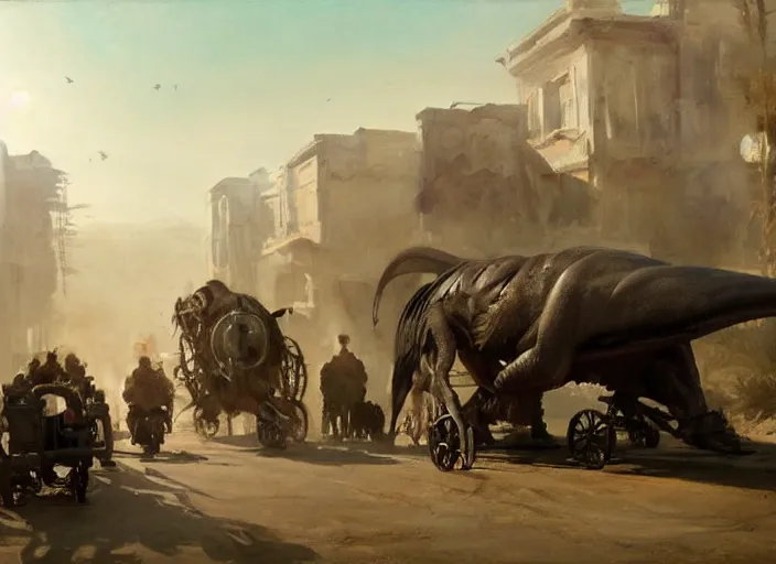 Image similar to oil painting of tyrannosaurus rex with diaper in wheelchair, in dusty wild west street, art by anders zorn, wonderful masterpiece by greg rutkowski, beautiful cinematic light, american romanticism by greg manchess, jessica rossier