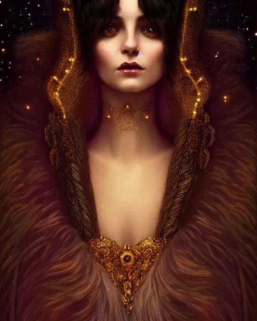 Image similar to Nocturne, glowing, stars, a portrait of a beautiful female shadow djinn creature with long fur collar, highly detailed, mysterious, ethereal, dressed in velvet and gold jewelry, haute couture, illustration, dramatic lighting, soft details, painting, by Edmund Blair Leighton, Brom, Charlie Bowater, trending on artstation, faces by Tom Bagshaw, otto schmidt