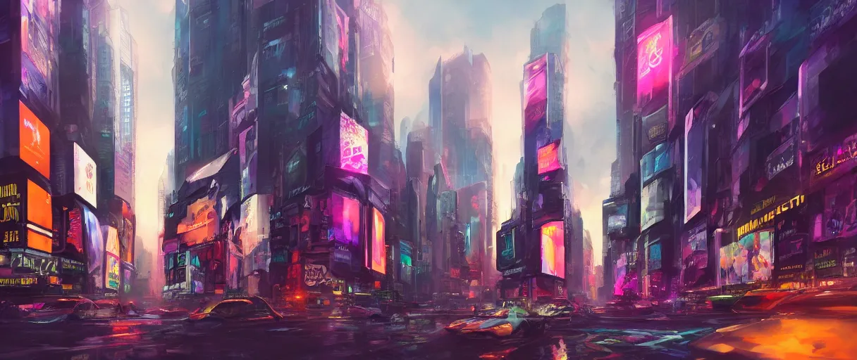 Prompt: huge modern downtown city, billboards, Times Square, concept art, digital painting, style of jordan grimmer, warm lighting, futuristic, volumetric lighting, view from below, vivid colours, bright, daytime, godrays , high detail