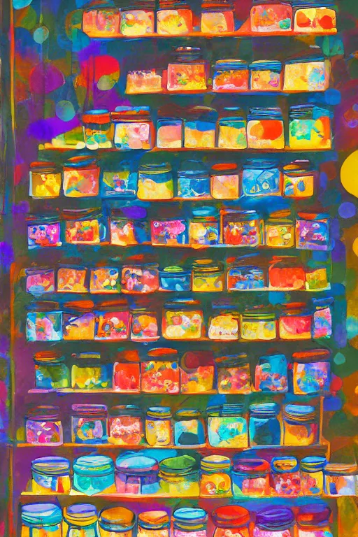 Image similar to magical, mystical shop full of jars of sweets, rainbow gouache