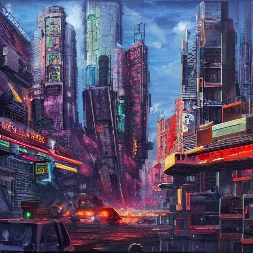 Image similar to a cyberpunk city after a nuclear war, oil painting