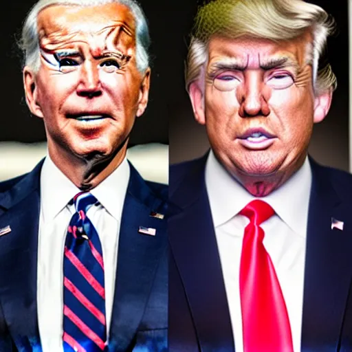 Image similar to a man who is a genetic combination of joe biden and donald trump face and upper - body focus