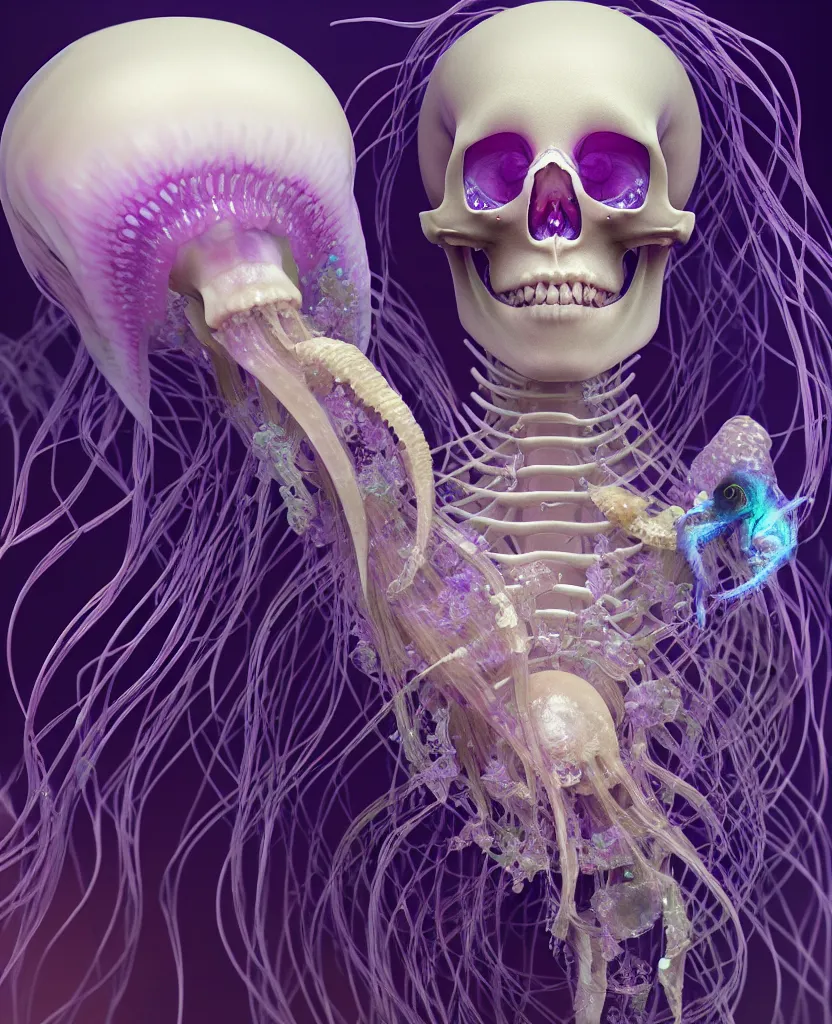 Image similar to goddess close - up portrait human skeleton, ram skull, jellyfish, orchid, betta fish, bioluminiscent, intricate artwork by tooth wu and wlop and beeple. octane render, trending on artstation, greg rutkowski very coherent symmetrical artwork. cinematic, hyper realism, high detail, octane render, 8 k