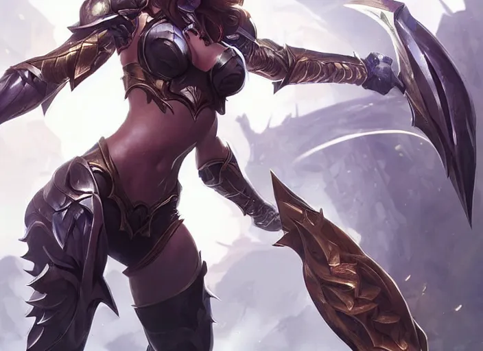 Image similar to beautiful new female character for league of legends, character concept art, action pose, illustration, full body armor, steel plating, huge weapon, super powers, athletic, symmetry, intricate design, shiny, highly detailed, 4 k, dramatic lighting, art by artgerm and greg rutkowski