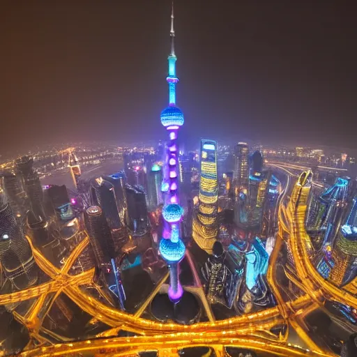 Image similar to a girl flying upon shanghai lujiazui in the night, bird view, cityscape, rain, artstation, 8 k