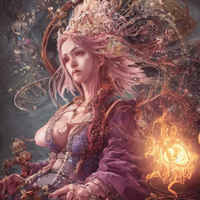 Image similar to the portrait of chaotic good female druid alchemist as absurdly beautiful, gorgeous, elegant, young gravure idol, an ultrafine hyperdetailed illustration by kim jung gi, irakli nadar, intricate linework, sharp focus, bright colors, octopath traveler, final fantasy, unreal engine 5 highly rendered, global illumination, radiant light, detailed and intricate environment