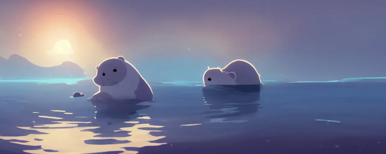 Image similar to a baby harp seal swimming in a tropical river, atey ghailan, goro fujita, studio ghibli, rim light, bright lighting, clear focus, very coherent