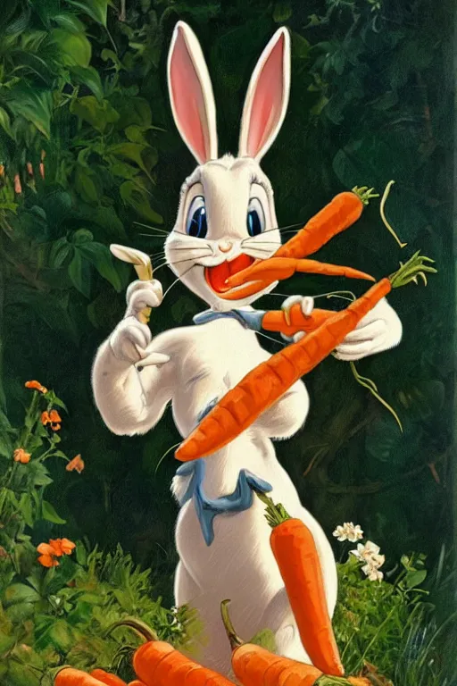 Image similar to bugs bunny, eating a carrot, golden hour, in a garden, artstation, by J. C. Leyendecker and Peter Paul Rubens,