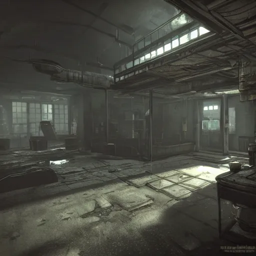 Prompt: fallout concept art school interior render grim realistic lighting unreal engine 5