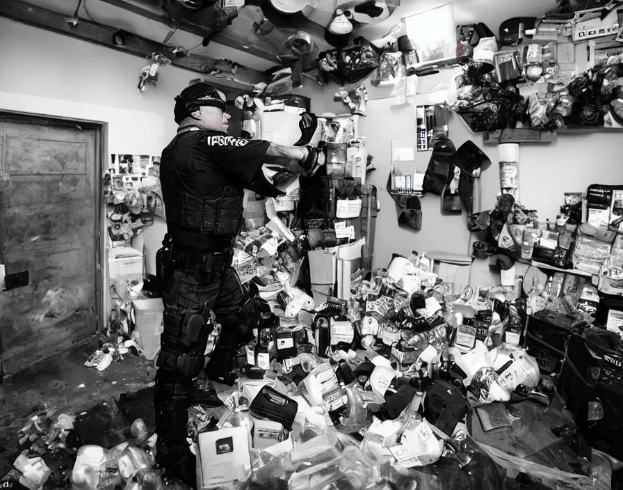 Image similar to Alex Jones in his garage office inventing conspiracy theories, surrounded by boxes of herbal supplements and trash and TVs, a group of SWAT police kicking in the door, tear gas and smoke, alex jones fighting police, detailed photograph high quality