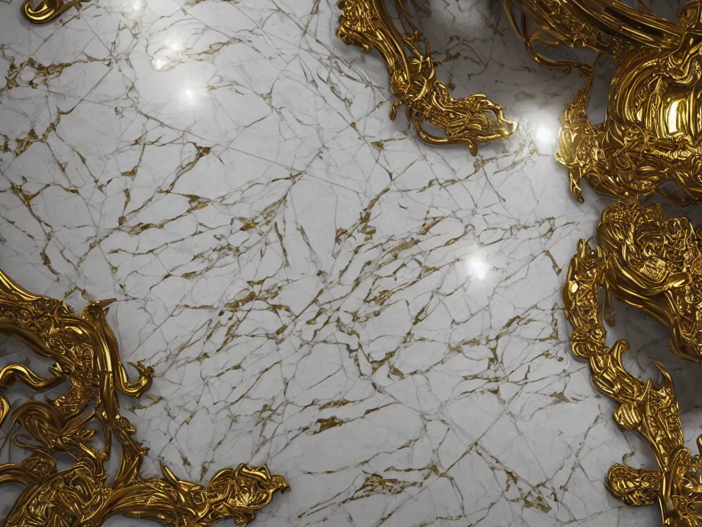 Image similar to hyperrealism, a world made of gold and white marble, intricate, highly detailed, strong perspective, artstation trending, environment concept, ray tracing, cinematic, concept art, 4k detail post processing, cinematic