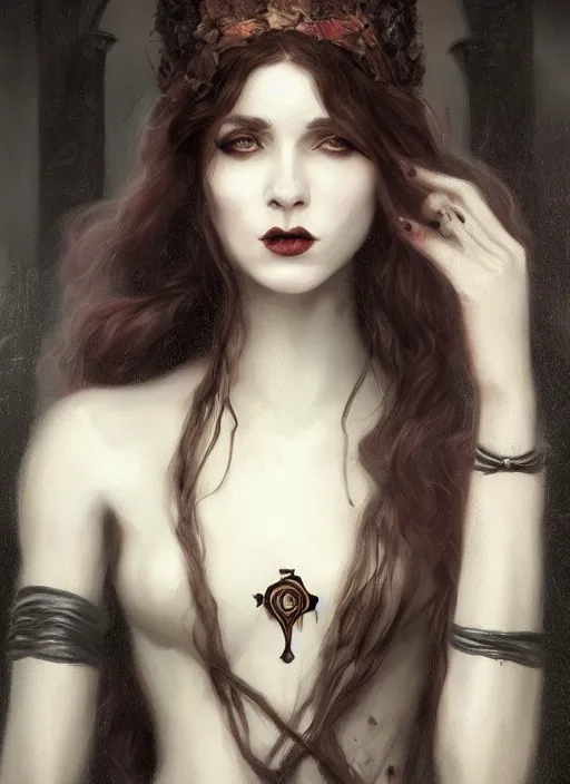 Image similar to tarot!!, pale, beautiful victorian vampire with long hair, fantasy, elegant, concept art, sharp focus, beautiful face!!, digital art, Hyper-realistic, 4K, Unreal Engine, Highly Detailed, HD, Dramatic Lighting, Beautiful, by Brom, trending on Artstation, face byTom Bagshaw, Sargent