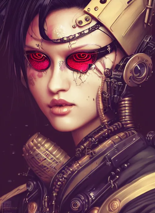 Image similar to soft lustrous ebony geisha seductive raver gutter punk steampunk cyborg, yakuza, golden ratio, details, scifi, fantasy, cyberpunk city, intricate, decadent, highly detailed, octane render, digital painting, artstation, concept art, sharp focus, illustration, art by artgerm, loish, wlop