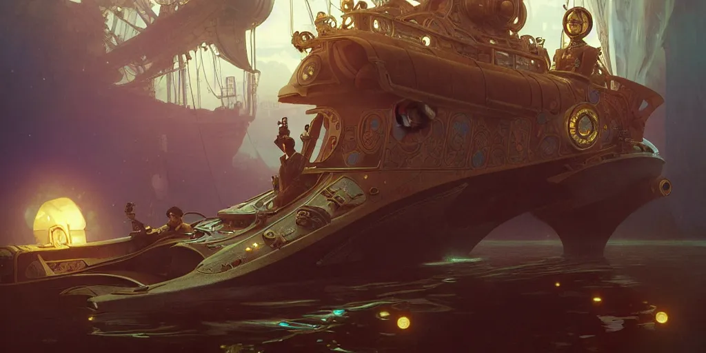 Image similar to Captain Nemo in his submarine, steampunk, octane renderer, 8K, sparsely lit, art by artgerm and greg rutkowski and alphonse mucha