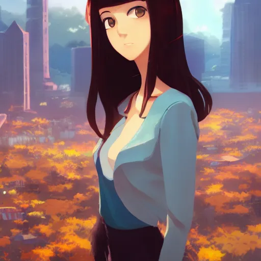 Image similar to a beautiful woman with a hime haircut, dark brown hair and tan skin, dark brown eyes, city landscape, 4k, anime key visual, lois van baarle, ilya kuvshinov, rossdraws, artstation