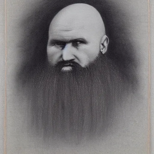 Image similar to charcoal portrait of an early 20th century russian orthodox priest, bald, bierdless, no eyebrows