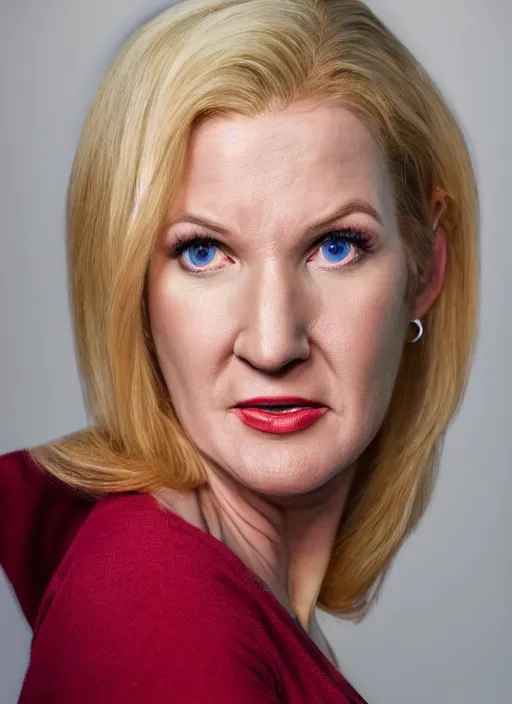 Prompt: ( ( ( hyperrealist portrait of angela kinsey as angela martin of the office television series ) ) ) by mike campau, head to waist, red background photorealistic, octane render, vibrant colors, unreal engine, dynamic lighting, perfect factions, very detailed faces, intricate detail, trending on artstation, poster, volumetric lighting, 4 k, award winning