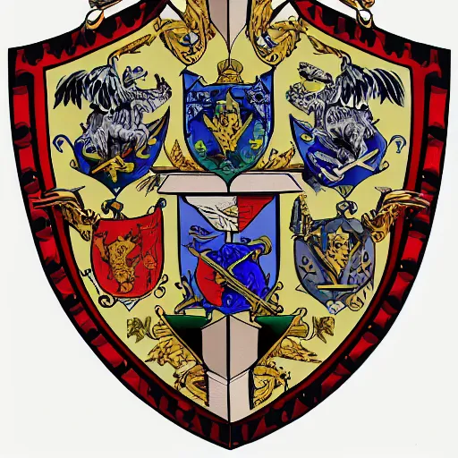 Image similar to Coat of Arms, featuring octagonal shield, eagles, emus, cats and dogs, gothic decorations, Southern Cross, symmetrical