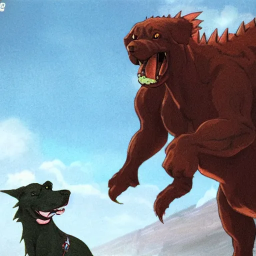 Image similar to a dog bigger than the mount everest fighting neon genesis godzilla with nunchakus