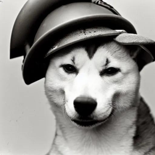 Image similar to close up of a shiba inu wearing soldier helmet in the battle, ww 2 historical photography, black & white photo