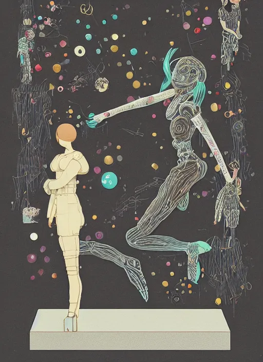 Image similar to a surreal contemporary ceramic sculpture of on a plinth, by victo ngai, by hikari shimoda, by tracie grimwood, in the style of nier automata, plain black background