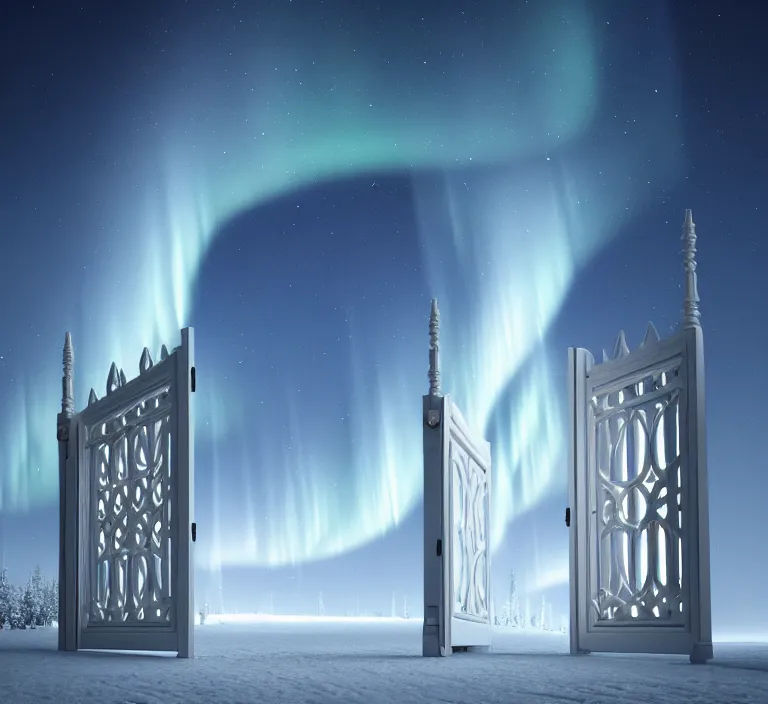 Image similar to a very detailed concept art of intricate and scandinavian white gates to aurora borealis infused with light, trending on artstation, symmetry, digital art, 4 k, hyper realistic, octane render, sharp focus