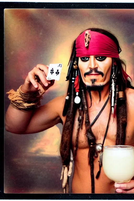 Image similar to Jack Sparrow in a casino, piña colada, realistic photograph, polaroid, film