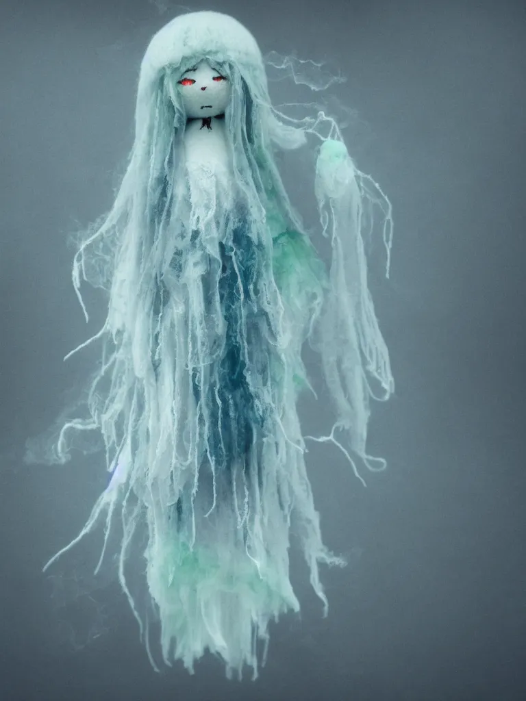 Prompt: cute fumo plush smiling ectoplasmic jellyfish ghost girl waving in deep fog over mysterious waters, patchwork doll chibi gothic maiden in tattered melting rags, glowing wisps of hazy green smoke and eerie blue volumetric fog swirling about, moonlight, glowing lens flare, black and white, vray