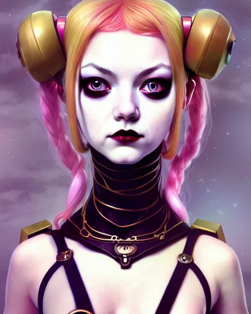 Image similar to portrait of beautiful cute young goth maiden anime harley quinn girl looks like emma stone in warhammer mechanical armor, high details, art by ( ( ( kuvshinov ilya ) ) ) and wayne barlowe and gustav klimt and artgerm and wlop and william - adolphe bouguereau