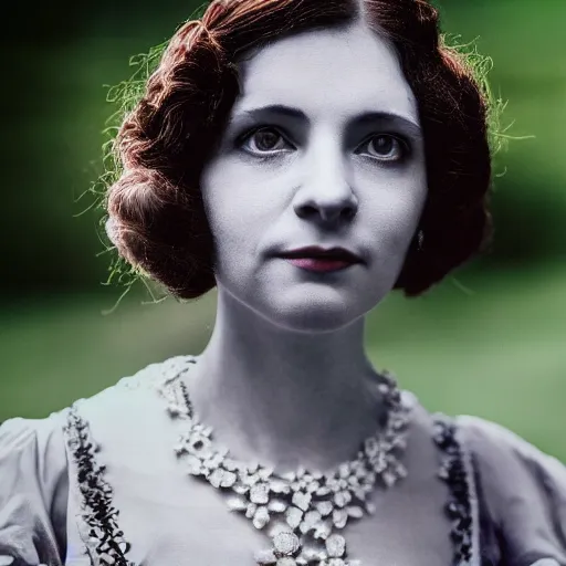 Prompt: A beautiful portrait of a lady, victorian, '20, ominous, depth of field, bokeh, irwin penn, soft light, cinematic