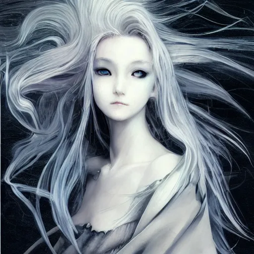 Image similar to yoshitaka amano blurred and dreamy realistic illustration of an anime girl with wavy white hair and cracks on her face wearing elden ring armour with the cape fluttering in the wind, abstract black and white patterns on the background, noisy film grain effect, highly detailed, renaissance oil painting, weird portrait angle