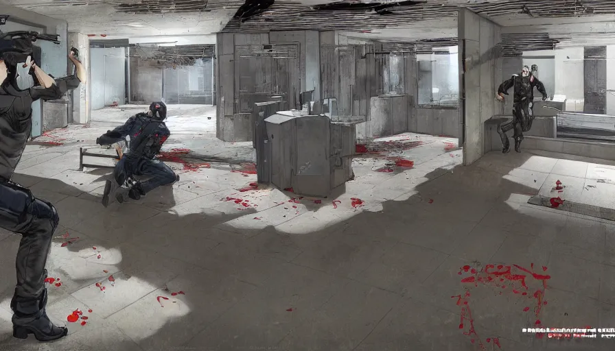 Prompt: Concept art of a shootout between Police and bank robbers near bank vault in a multiplayer stealth first person bank robbery simulator game, set in 19XX, anime style graphics inspired by Akira + Heat + Metal Gear Solid 4, Extremely High Budget, Unreal engine 5, anime bullet vfx, bullet holes, Highly Detailed, Vibrant, created by Arc System Works + Hideo Kojima + Studio Gainax + Dice