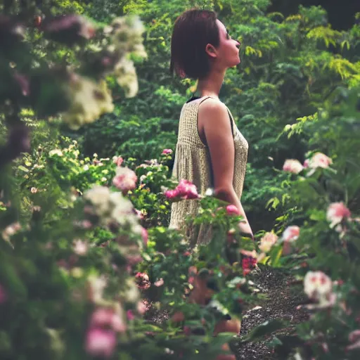 Prompt: cinematic medium shot of branches forming a human body, flowers, shallow depth of field, garden setting