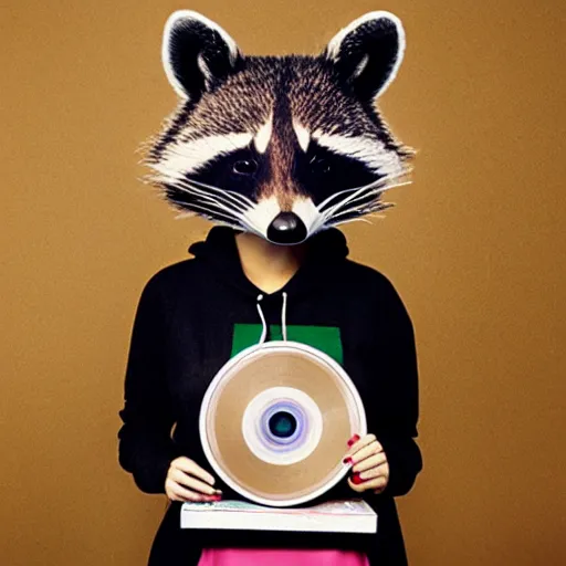 Image similar to medium shot, photo of a girl in a detailed hyperrealistic raccoon mask, wearing a green hoodie, holding a pile of vinyl records, 8 0 - s, polaroid photo, by warhol,