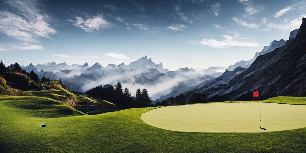 Image similar to a great photograph of the most amazing golf hole in the world, perfect light, over a cliff, in the swiss alps, high above treeline, ambient light, 5 0 mm, golf digest, top 1 0 0, fog