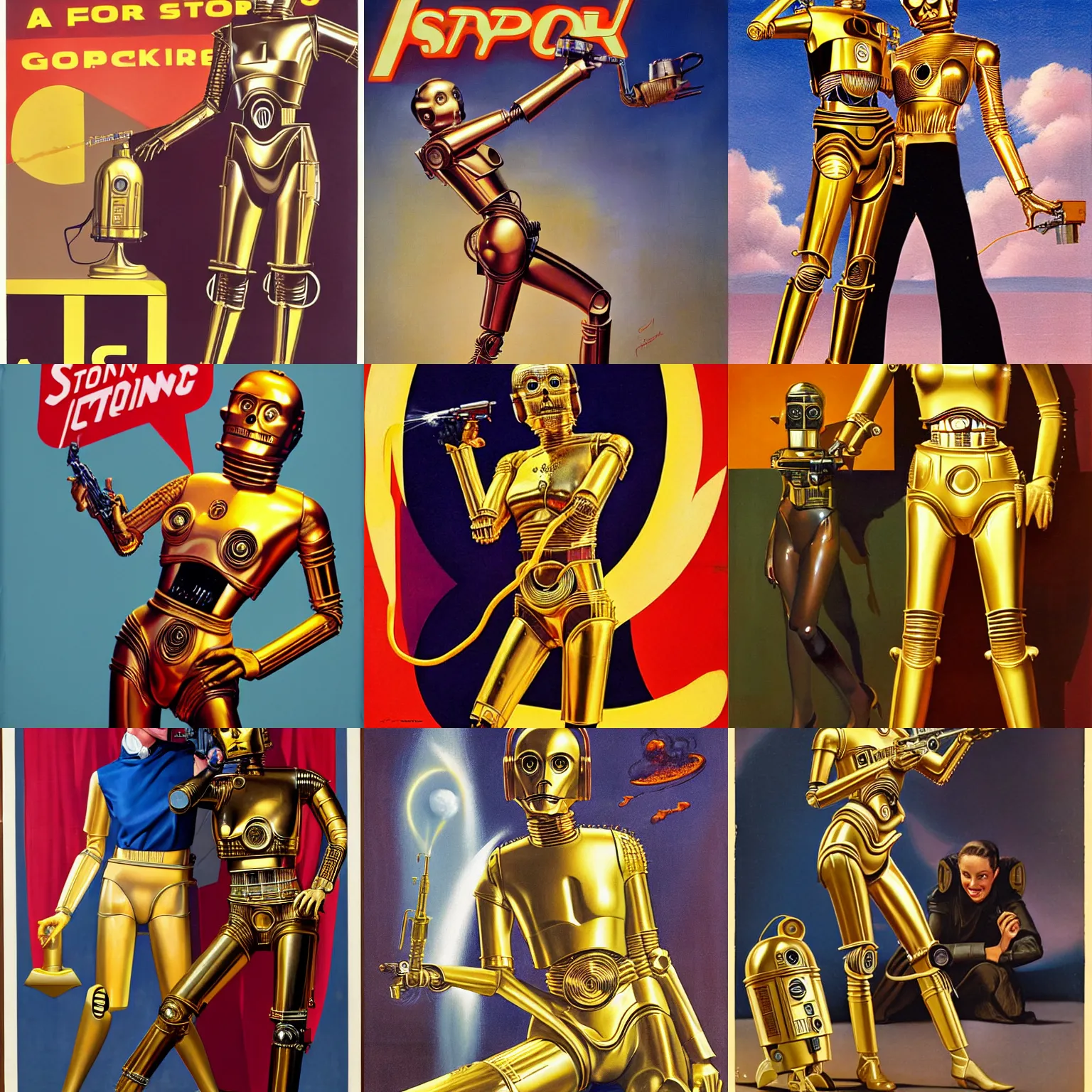Prompt: a standing c3po with a smiling female human face by Gil Elvgren, holding a smoking ray-gun, full body